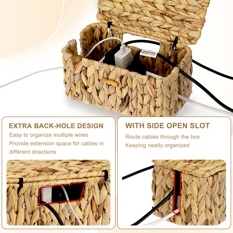 BTSKY Woven Cable Management Box with Lid, Water Hyacinth Cord Organizer for Desk, Cable Organizer Box with 2-Open Slots to Hide Power Strips USB Hubs for Home & Office, Pet Proofing Cord Basket, S - Image 4
