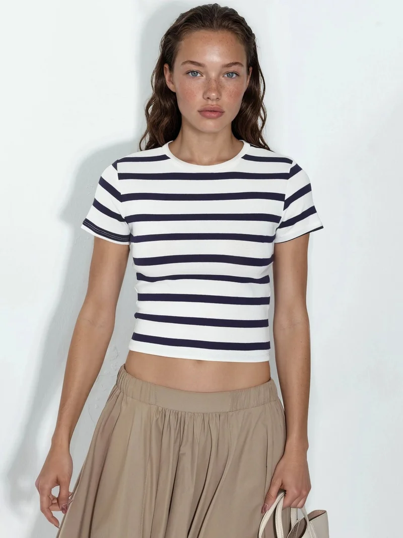 بوسيم BUSEM Striped Crew Neck Basic T-Shirt