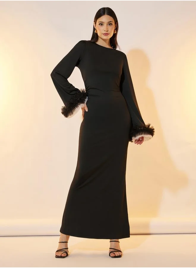 Styli Layered Mesh Frill Cuff Trumpet Sleeve Maxi Dress