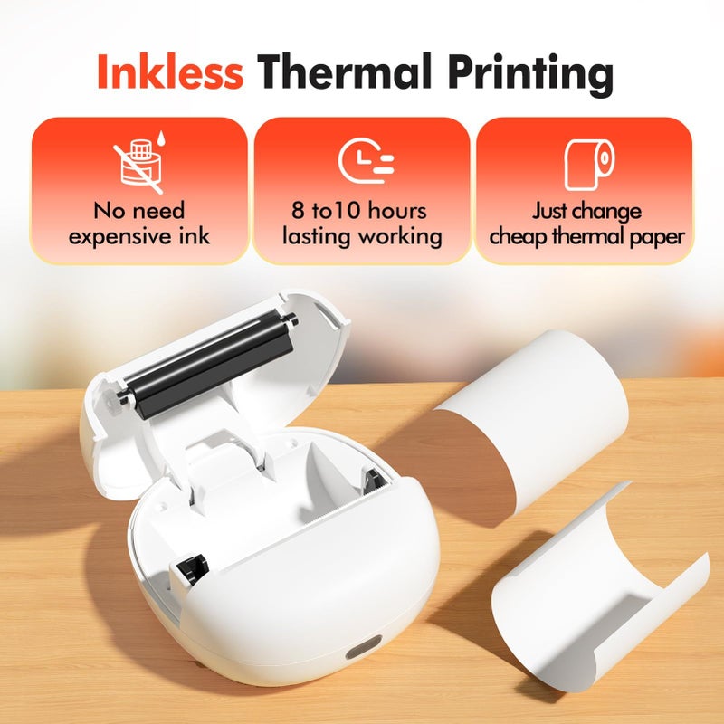 57mm Pocket Photo Printer Thermal Label Maker With 6 Rolls Paper 203 DPI Resolution For iOS And Android 8 To 10 Hours Printing 1200mAh Battery White - Image 5