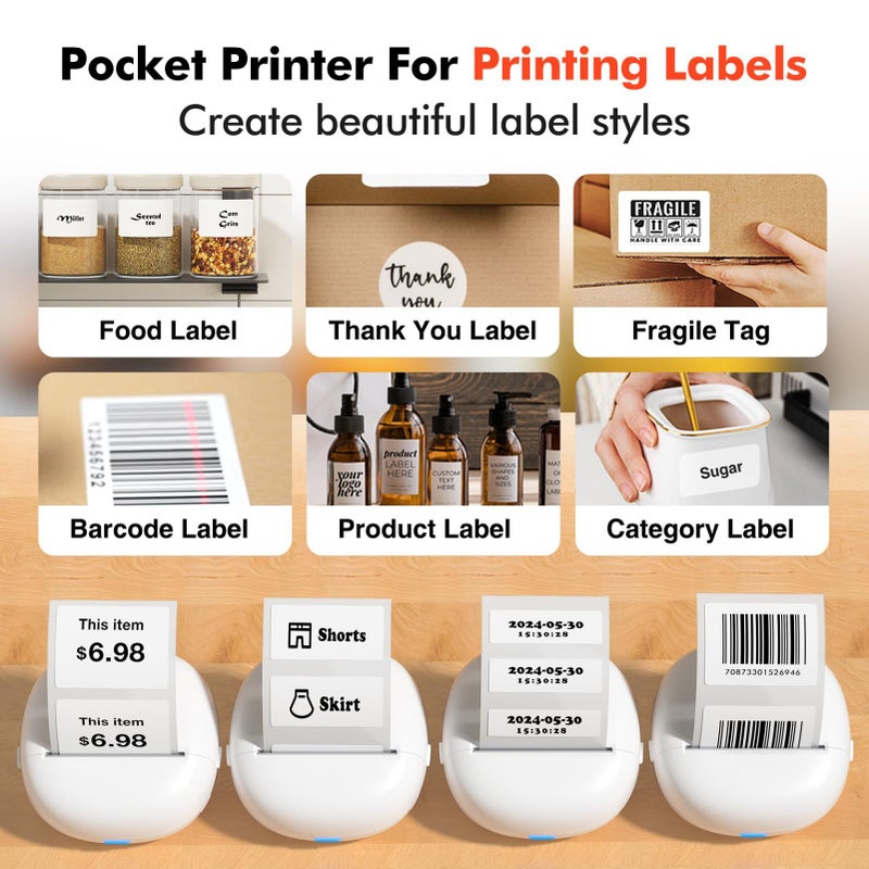 57mm Pocket Photo Printer Thermal Label Maker With 6 Rolls Paper 203 DPI Resolution For iOS And Android 8 To 10 Hours Printing 1200mAh Battery White - Image 3