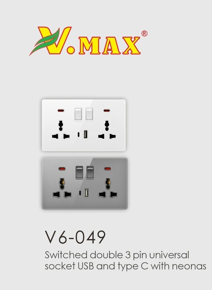 Vmax Wall Socket – Double 3-Pin with Switches, USB & Type-C Ports, Neon Indicator – Gray/White - Image 1