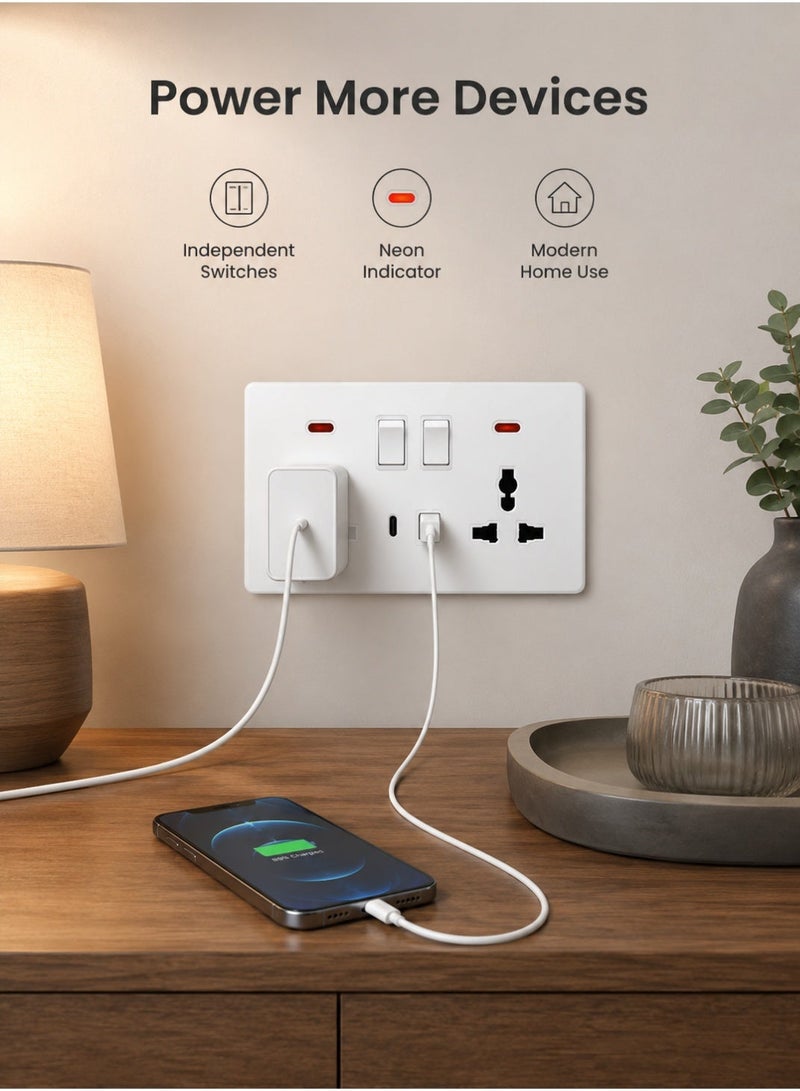 Vmax Double 3 Pin Universal Wall Socket With Switches, USB & Type-C Charging Ports, Neon Indicator, Modern Grey/White Electrical Socket Panel - Image 5
