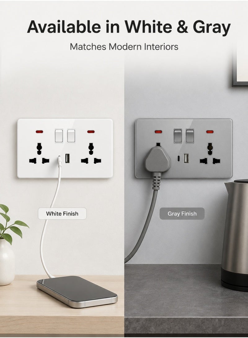 Vmax Double 3 Pin Universal Wall Socket With Switches, USB & Type-C Charging Ports, Neon Indicator, Modern Grey/White Electrical Socket Panel - Image 1