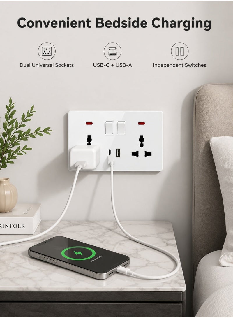 Vmax Double 3 Pin Universal Wall Socket With Switches, USB & Type-C Charging Ports, Neon Indicator, Modern Grey/White Electrical Socket Panel - Image 2