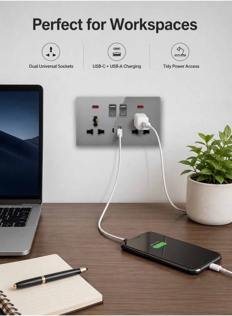 Vmax Double 3 Pin Universal Wall Socket With Switches, USB & Type-C Charging Ports, Neon Indicator, Modern Grey/White Electrical Socket Panel - Image 3
