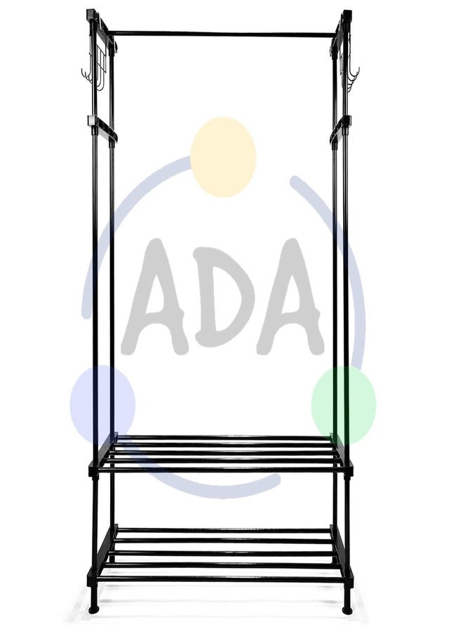 ADA® Premium Heavy Duty Multifunctional Drizzle Metal Clothe Rail | High Density Garment Rack with 8 Hooks and 2 Lower Shelves - Black (84 x 30 x 140cm) - Image 3
