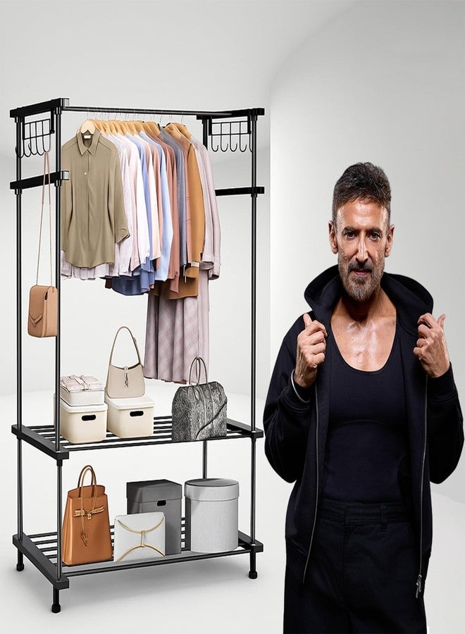 ADA® Premium Heavy Duty Multifunctional Drizzle Metal Clothe Rail | High Density Garment Rack with 8 Hooks and 2 Lower Shelves - Black (84 x 30 x 140cm) - Image 1