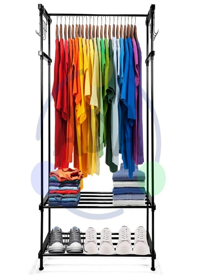 ADA® Premium Heavy Duty Multifunctional Drizzle Metal Clothe Rail | High Density Garment Rack with 8 Hooks and 2 Lower Shelves - Black (84 x 30 x 140cm) - Image 5