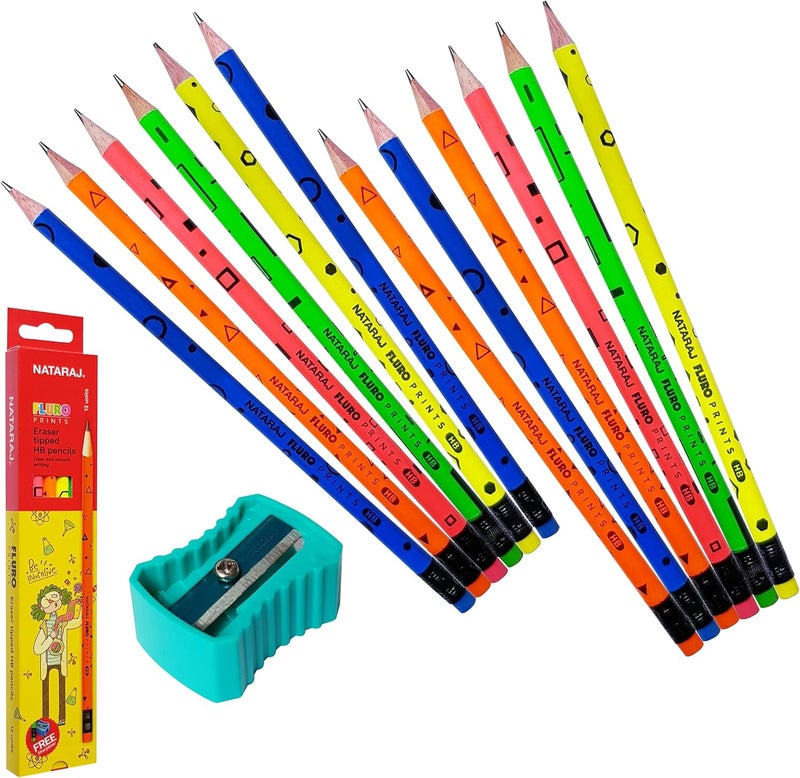 NATARAJ Fluro Print Round Pencils with Rubber Tip - 12 Pack - Image 1