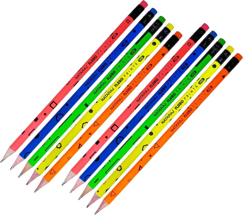 NATARAJ Fluro Print Round Pencils with Rubber Tip - 12 Pack - Image 2