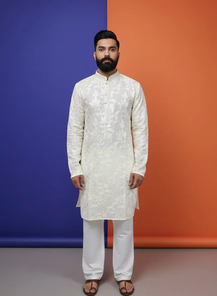 Lehar Ivory Chikankari Embroidered Kurta Co-ord Set with Wide Leg Pants