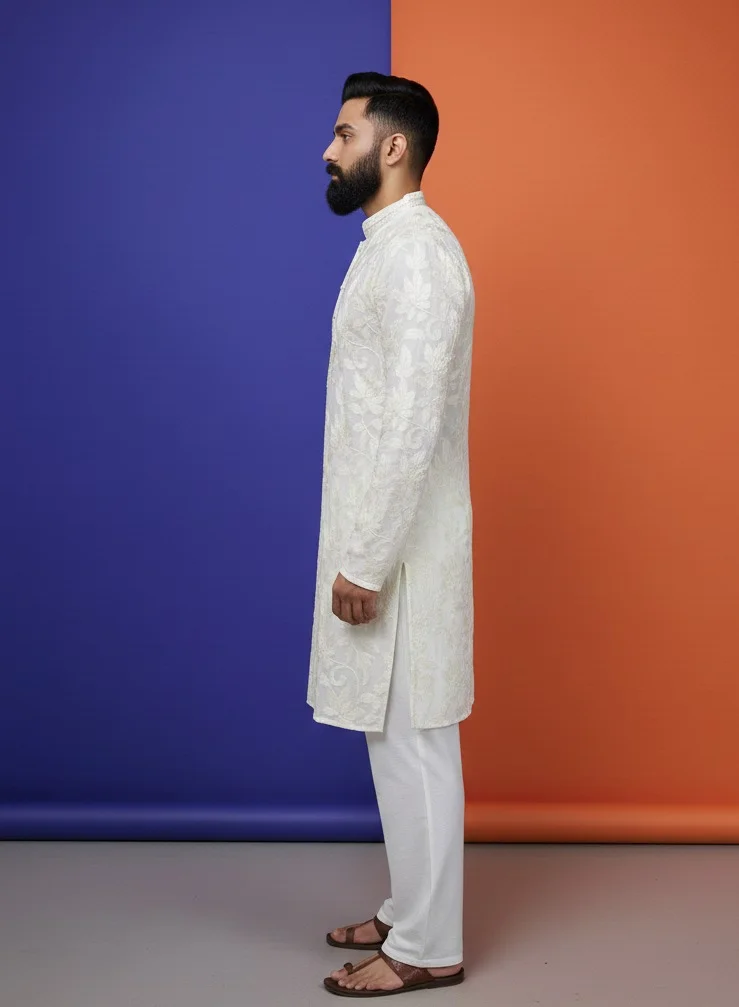 Lehar Ivory Chikankari Embroidered Kurta Co-ord Set with Wide Leg Pants