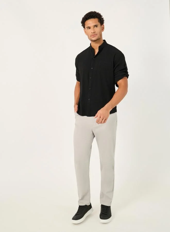 Styli Solid Mandarin Collar Regular Fit Shirt