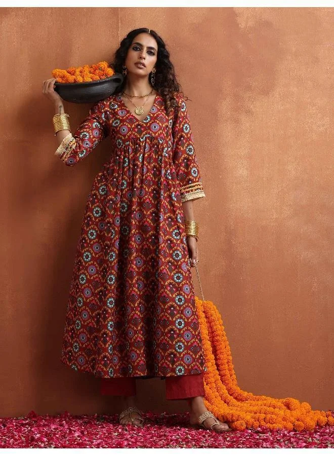 ترو برونز trueBrowns Maroon Flared Anarkali Kurta Set