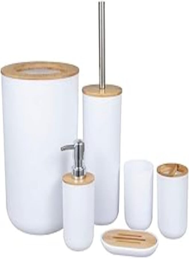 Laipi Laipi Bamboo Wooden Bathroom Accessories Set, 6 cs Gift Set Toilet Brush, Soap Dispenser, Waste Bin, Toothbrush Holder, Soap Dish Cup Set 
