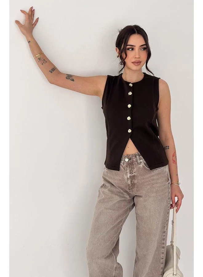 Noa Noa Women's Sleeveless Blouse with Gold Button Details – Button Edge