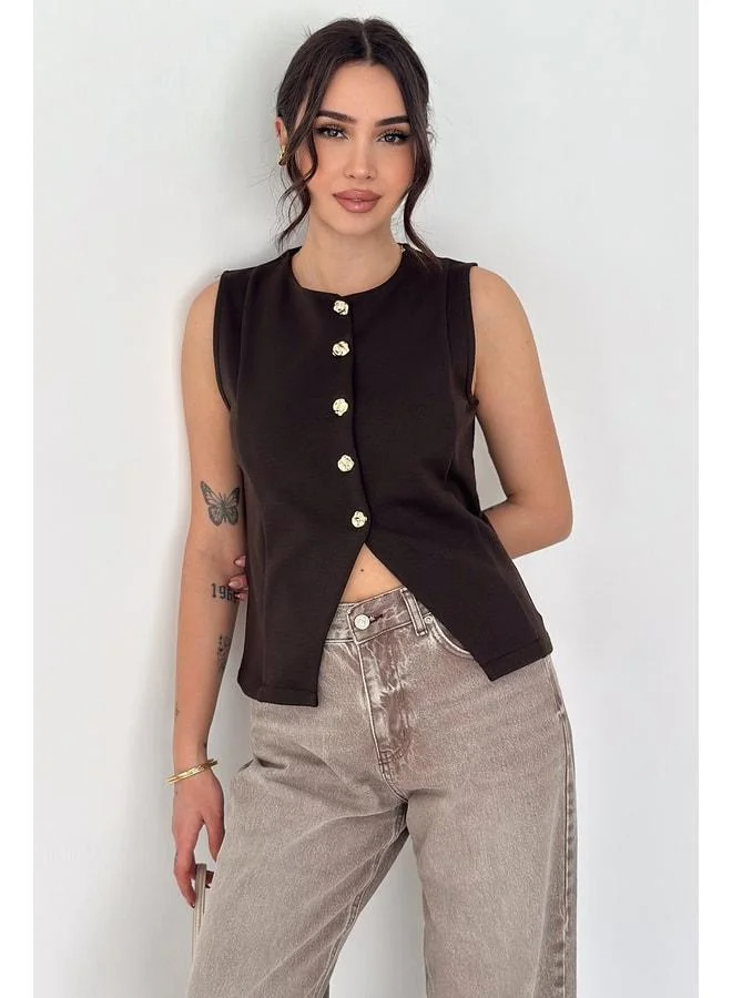 Noa Noa Women's Sleeveless Blouse with Gold Button Details – Button Edge