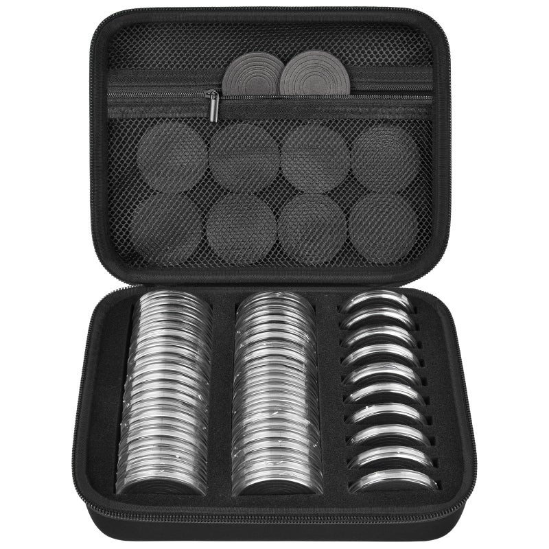 GWCASE 52 Pieces 46mm Coin Capsules with 6 Sizes (20/25/ 27/30/ 38/ 46mm), Collector Case with Foam Gasket and Plastic Storage Organizer for Coin Collection Supplies (Box Only) - Black Inner - Image 1