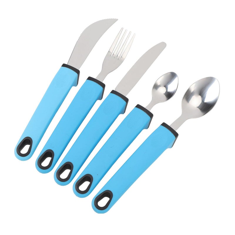 5 Pcs Adaptive Cutlery Set Blue Anti Shake Adaptive Utensils With Nonslip Wide Handle Stainless Steel Flatware For Elderly Includes Fork Spoon Cutter For Arthritis - Image 5