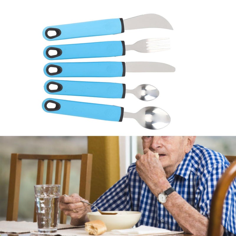 5 Pcs Adaptive Cutlery Set Blue Anti Shake Adaptive Utensils With Nonslip Wide Handle Stainless Steel Flatware For Elderly Includes Fork Spoon Cutter For Arthritis - Image 4
