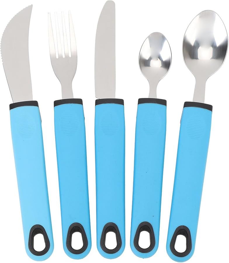 5 Pcs Adaptive Cutlery Set Blue Anti Shake Adaptive Utensils With Nonslip Wide Handle Stainless Steel Flatware For Elderly Includes Fork Spoon Cutter For Arthritis - Image 1