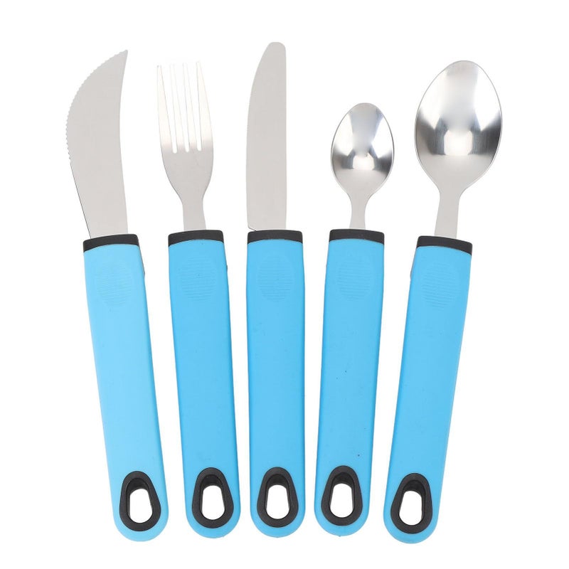 5 Pcs Adaptive Cutlery Set Blue Anti Shake Adaptive Utensils With Nonslip Wide Handle Stainless Steel Flatware For Elderly Includes Fork Spoon Cutter For Arthritis - Image 2