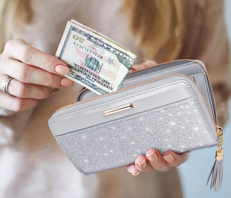 Coco Rossi Women Wallets Multi Card Case Wallet Clutch Wallet Card Holder Organizer Ladies Purse Glitter Tassel Wrist strap Purse,Sliver Glitter - Image 5