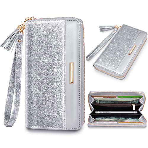 Coco Rossi Women Wallets Multi Card Case Wallet Clutch Wallet Card Holder Organizer Ladies Purse Glitter Tassel Wrist strap Purse,Sliver Glitter - Image 1