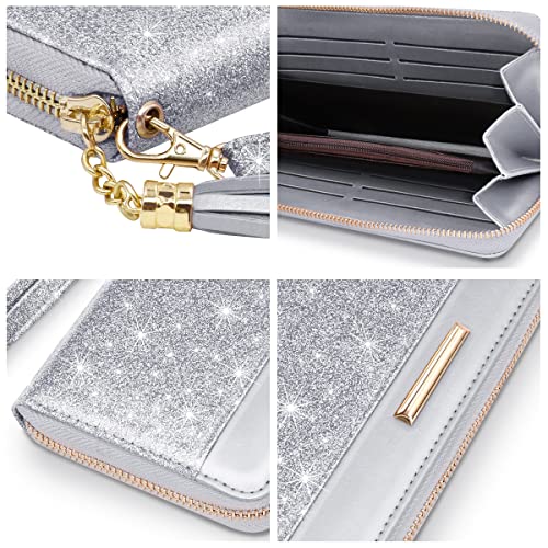 Coco Rossi Women Wallets Multi Card Case Wallet Clutch Wallet Card Holder Organizer Ladies Purse Glitter Tassel Wrist strap Purse,Sliver Glitter - Image 3