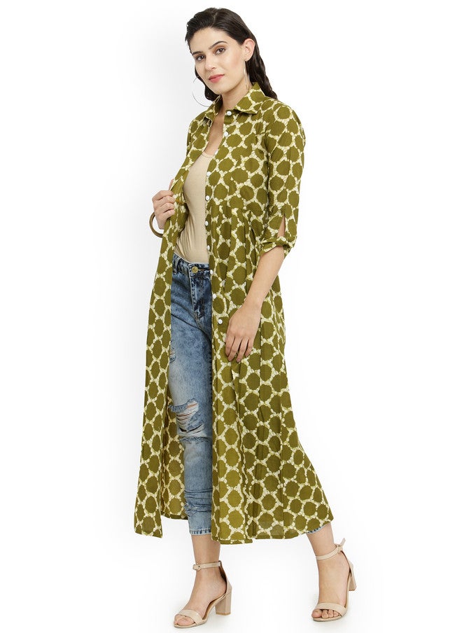 Indibelle Green & Off-White Printed Open Front Longline Shrug - Image 5