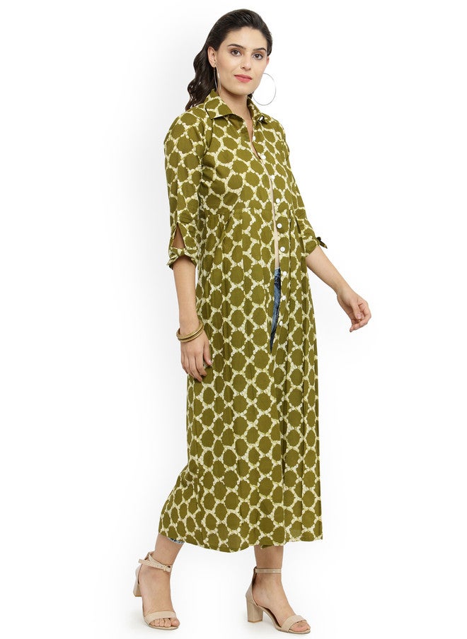 Indibelle Green & Off-White Printed Open Front Longline Shrug - Image 3
