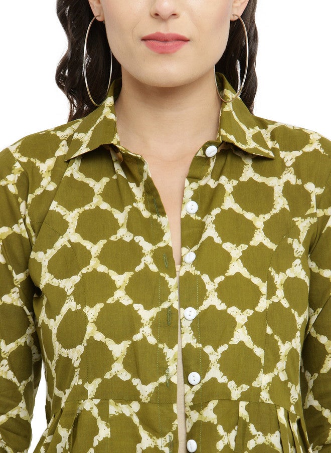 Indibelle Green & Off-White Printed Open Front Longline Shrug - Image 2
