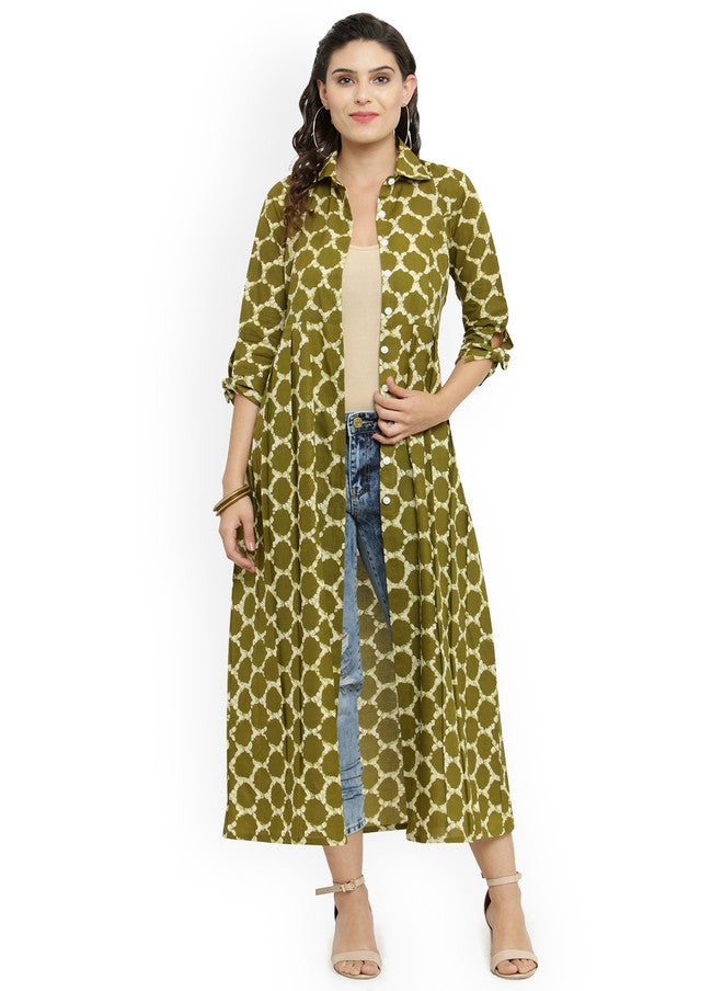 Indibelle Green & Off-White Printed Open Front Longline Shrug - Image 1