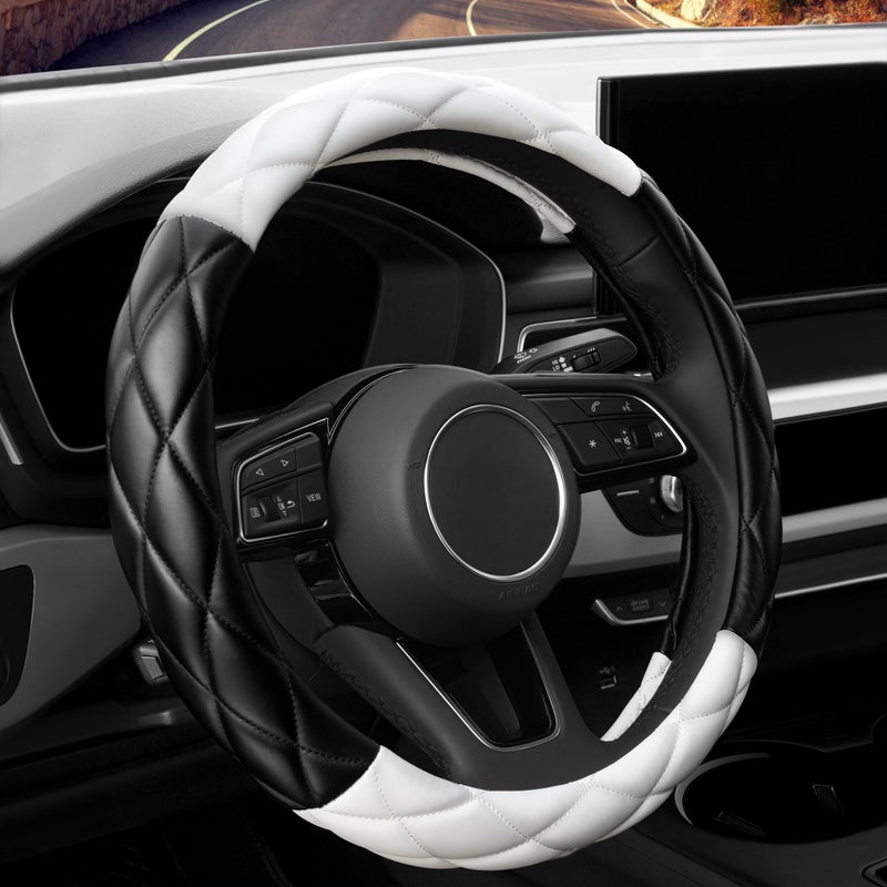 YHONGJT Cute Soft Microfiber Leather AntiSlip Steering Wheel Cover Universal 15 Inch for Women Girls Fit Vehicles Sedans SUVs Vans Trucks  Black and White