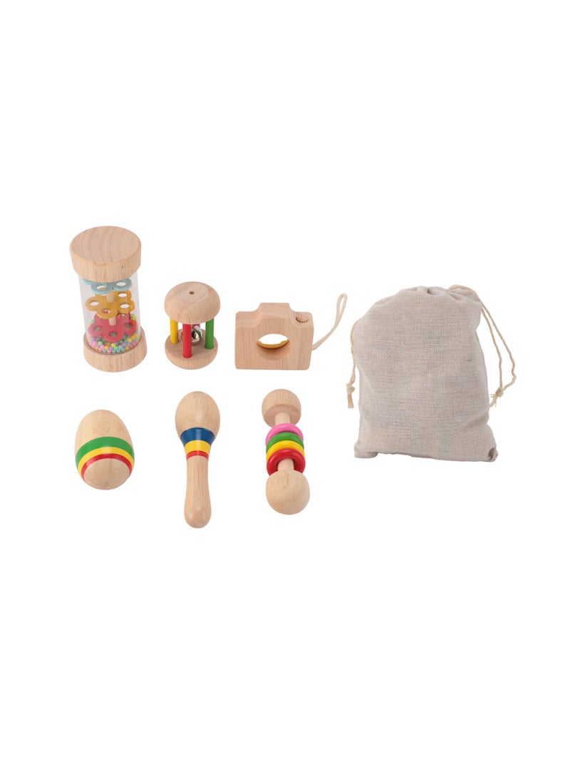 Velaurs 6 Piece Baby Rattle Set with Handbell Rattle Sensory Training Easy Grip Colorful Wooden Toy  - Image 1