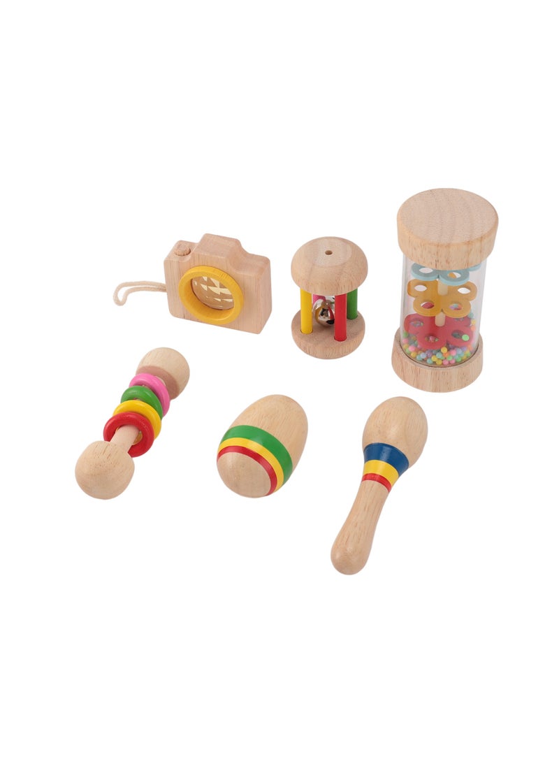 Velaurs 6 Piece Baby Rattle Set with Handbell Rattle Sensory Training Easy Grip Colorful Wooden Toy  - Image 4