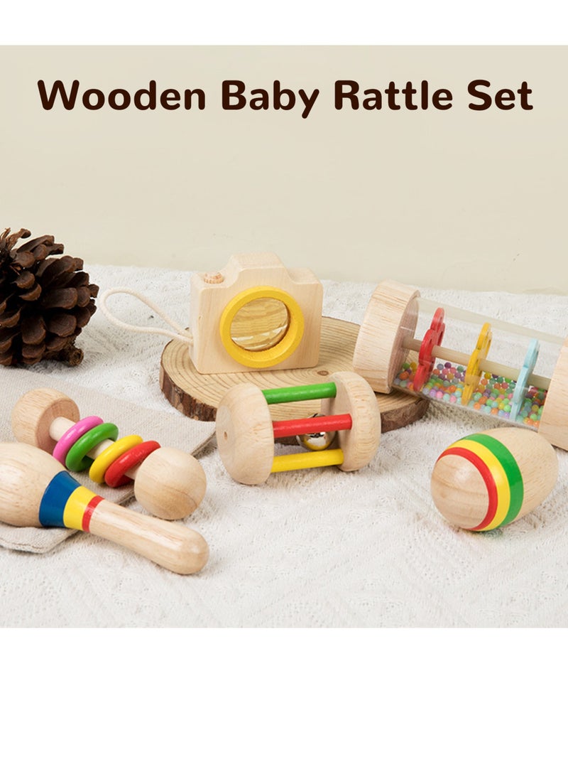 Velaurs 6 Piece Baby Rattle Set with Handbell Rattle Sensory Training Easy Grip Colorful Wooden Toy  - Image 5