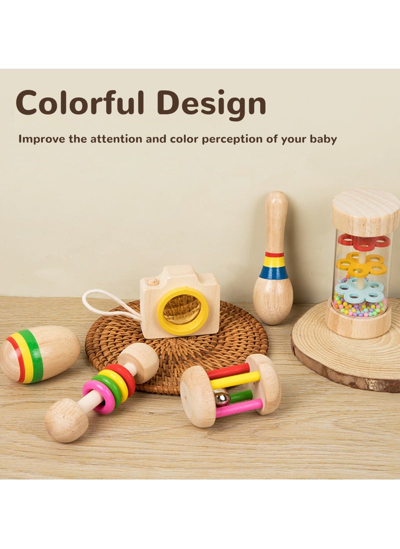 Velaurs - 6 Piece Baby Rattle Set with Handbell Rattle Sensory Training Easy Grip Colorful Wooden Toy - Image 1