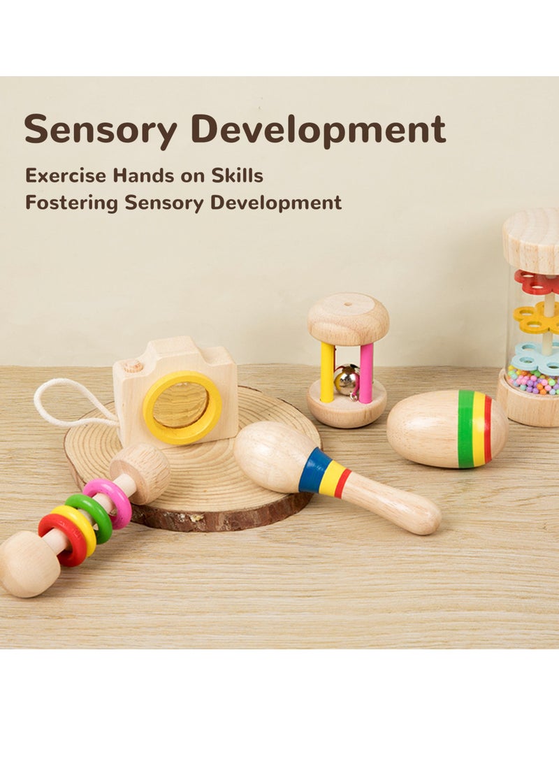 Velaurs - 6 Piece Baby Rattle Set with Handbell Rattle Sensory Training Easy Grip Colorful Wooden Toy - Image 1