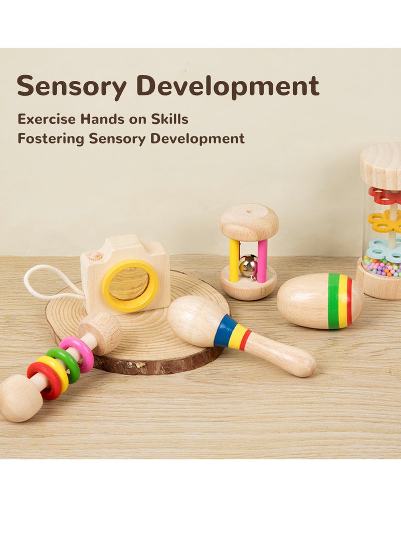 Velaurs - 6 Piece Baby Rattle Set with Handbell Rattle Sensory Training Easy Grip Colorful Wooden Toy - Image 1