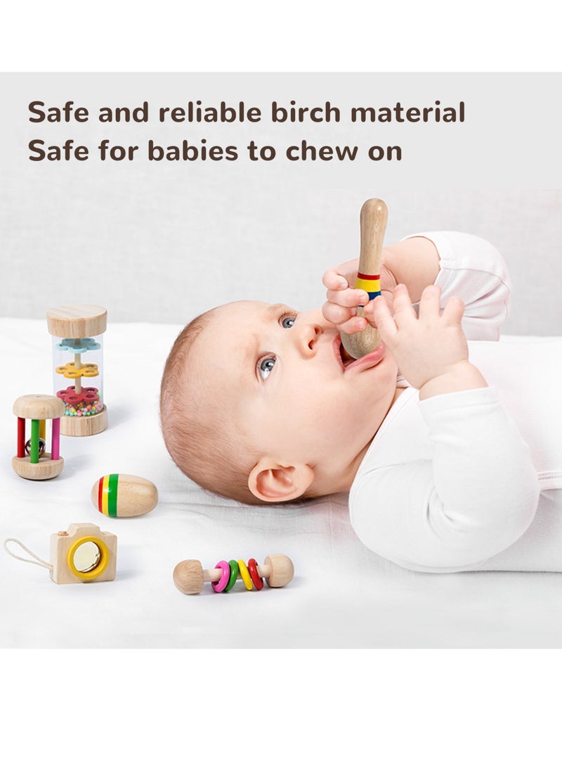Velaurs - 6 Piece Baby Rattle Set with Handbell Rattle Sensory Training Easy Grip Colorful Wooden Toy - Image 1