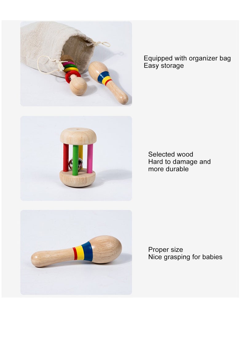 Velaurs - 6 Piece Baby Rattle Set with Handbell Rattle Sensory Training Easy Grip Colorful Wooden Toy - Image 1