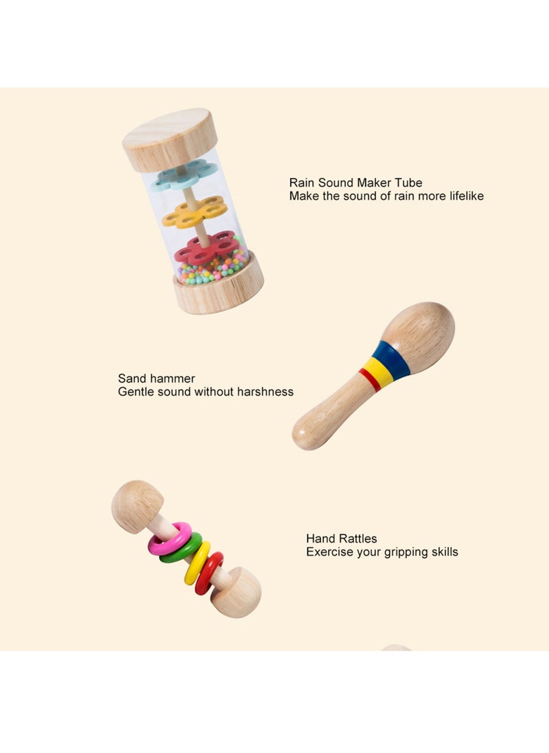 Velaurs - 6 Piece Baby Rattle Set with Handbell Rattle Sensory Training Easy Grip Colorful Wooden Toy - Image 1