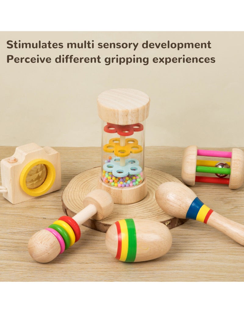 Velaurs - 6 Piece Baby Rattle Set with Handbell Rattle Sensory Training Easy Grip Colorful Wooden Toy - Image 1