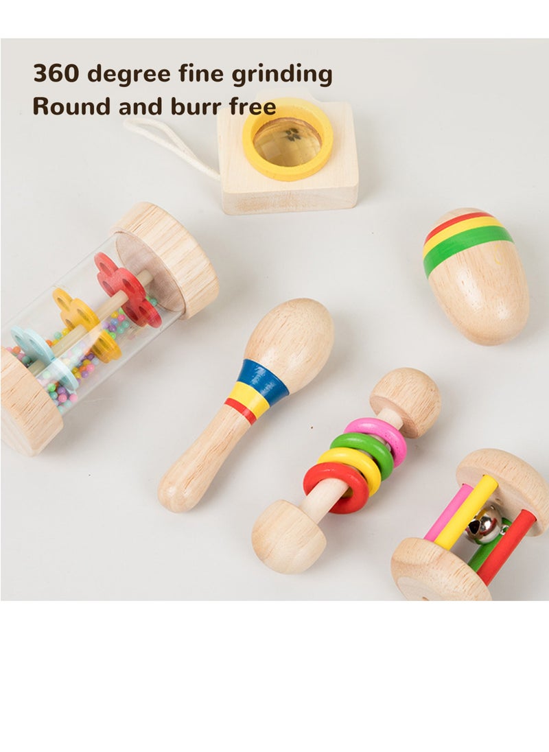 Velaurs - 6 Piece Baby Rattle Set with Handbell Rattle Sensory Training Easy Grip Colorful Wooden Toy - Image 1