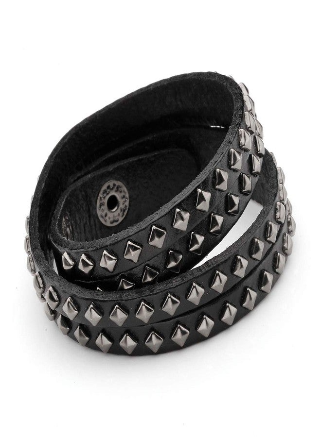 Zysta Men Women Double Row Studded Genuine Leather Punk Rock Gothic Biker 15mm Wide Cuff Bracelet 14.5-15.5 inches Adjustable Bangle Wristband Wrap - Image 3