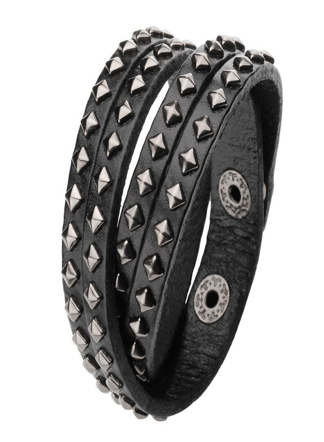 Zysta Men Women Double Row Studded Genuine Leather Punk Rock Gothic Biker 15mm Wide Cuff Bracelet 14.5-15.5 inches Adjustable Bangle Wristband Wrap - Image 1