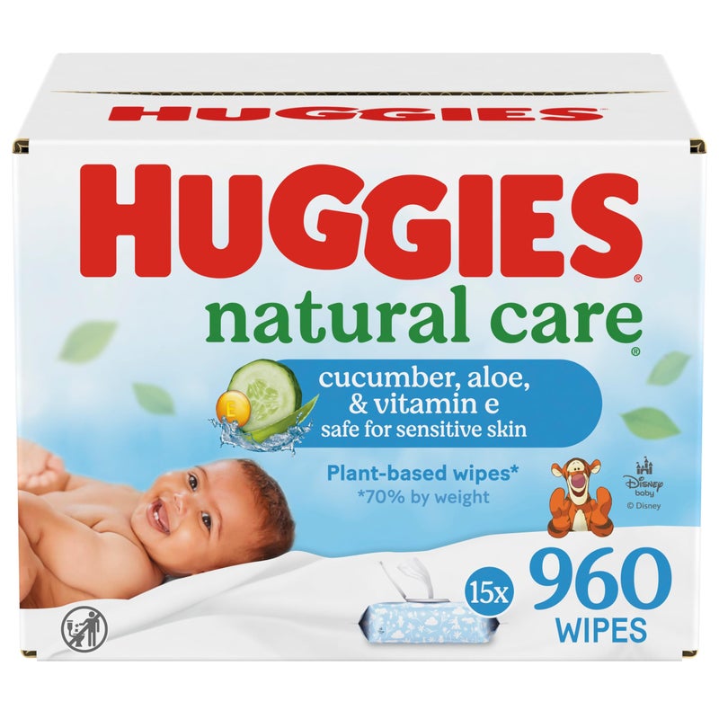 HUGGIES مناديل هاجيز الطبيعية للعناية بالخيار، الألوة فيرا وفيتامين E للأطفال، مضادة للحساسية، معطرة، 15 عبوة قابلة للفتح من الأعلى (960 منديل إجمالي)، قد يختلف التغليف - Image 1