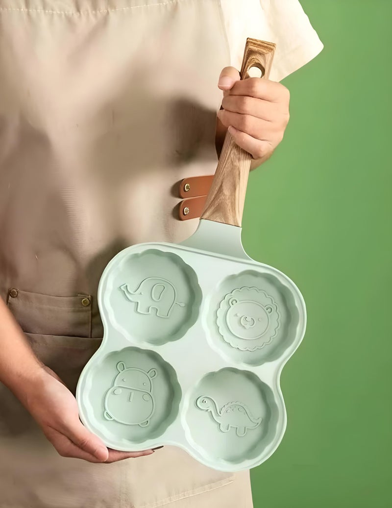 Cooking Mold Pan - 4-Cup Non-Stick Pancake Maker with Cartoon Smiley Faces and Wooden Handle - Image 5